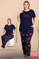 Çiçek Desenli Lacivert Büyük Beden Bisiklet Yaka Kısa Kollu Pijama Takımı Lady 11025 Lacivert