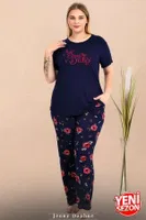 Çiçek Desenli Lacivert Büyük Beden Bisiklet Yaka Kısa Kollu Pijama Takımı Lady 11025 Lacivert detay görünüm