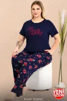Çiçek Desenli Lacivert Büyük Beden Bisiklet Yaka Kısa Kollu Pijama Takımı Lady 11025 Lacivert farklı açı