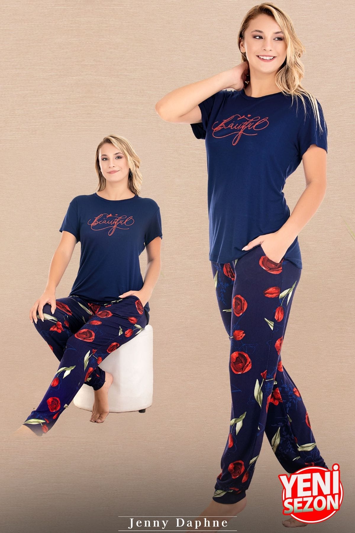 Çiçek Desenli Lacivert Pijama Bisiklet Yaka Kısa Kollu Pijama Takımı Lady 12590