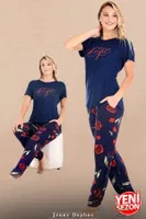 Çiçek Desenli Lacivert Pijama Bisiklet Yaka Kısa Kollu Pijama Takımı Lady 12590 Lacivert