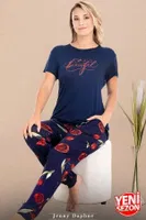 Çiçek Desenli Lacivert Pijama Bisiklet Yaka Kısa Kollu Pijama Takımı Lady 12590 Lacivert detay görünüm