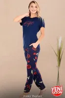Çiçek Desenli Lacivert Pijama Bisiklet Yaka Kısa Kollu Pijama Takımı Lady 12590 Lacivert farklı açı