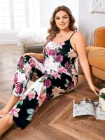 Çiçek Desenli Pantolon Pijama Takımı Büyük Beden Pink Night 6914 Görsel
