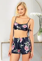 Çiçek Desenli Saten Büstiyer Kısa Şort Takım Miss Laris 3068 Lacivert
