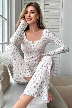 Çiçek Desenli Uzun Kollu Pijama Takımı Merry See MS4083 Beyaz