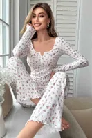 Çiçek Desenli Uzun Kollu Pijama Takımı Merry See MS4083 Beyaz Beyaz