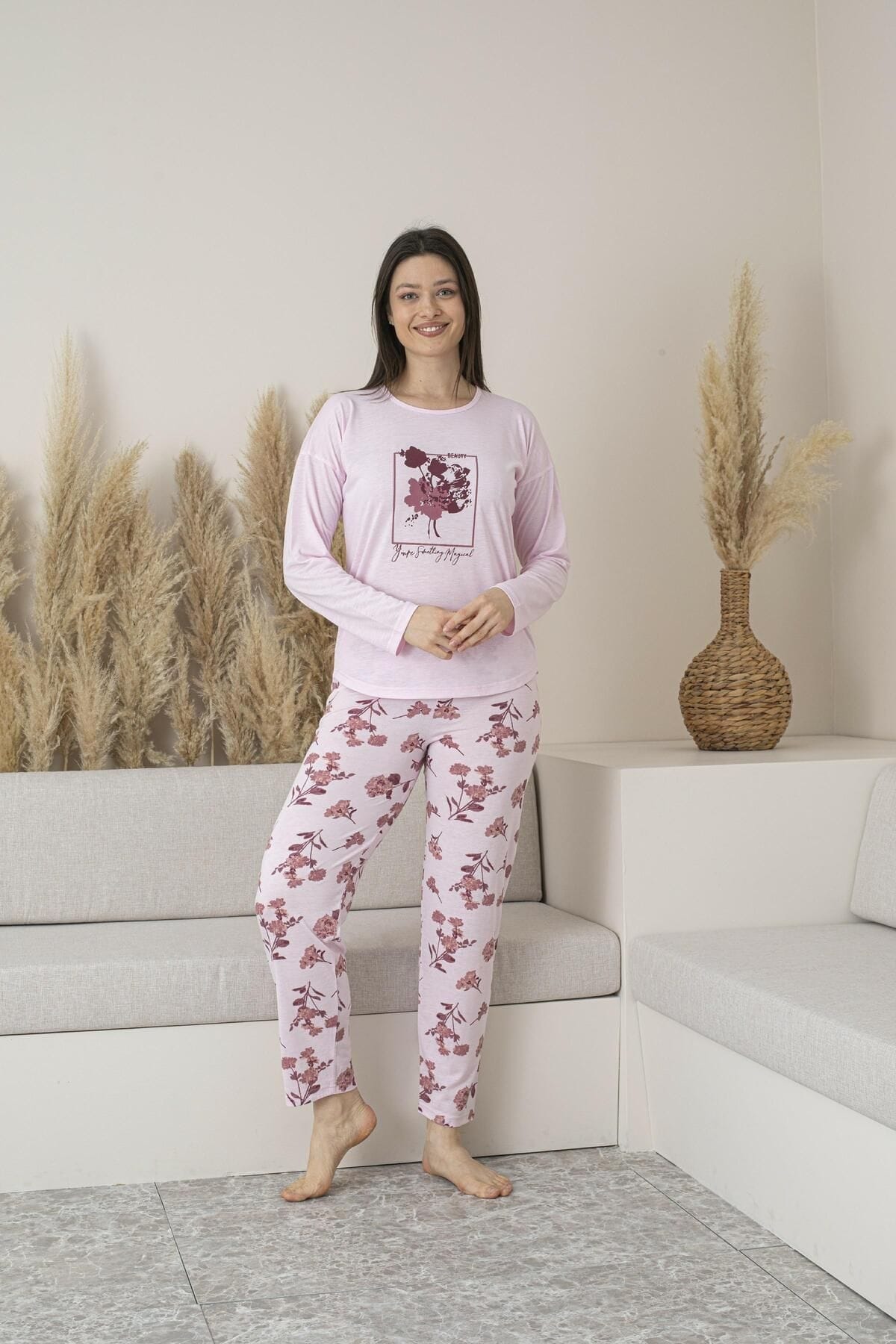 Çiçek Desenli Uzun Kollu Viskon Kadın Pijama Takımı Pembe Estiva 25113