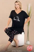 Çiçek Desenli V Yaka Kısa Kollu Kapri Kadın Pijama Takımı Lady 12081 Siyah detay görünüm