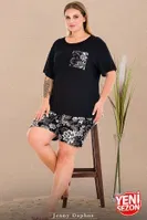 Çiçek Desenli Yuvarlak Yaka Kısa Kollu Büyük Beden Şortlu Pijama Takımı Lady 10438 Siyah detay görünüm