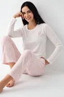 Çiçek Desenli Yuvarlak Yaka Uzun Kollu Kadın Pijama Takımı Pierre Cardin PC9085-S Beyaz