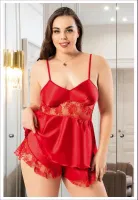 Çiçek İşlemeli Büyük Beden İnce Askılı Askılı Saten Şort Pijama Takım Miss Laris 4247 Kırmızı