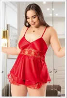 Çiçek İşlemeli Büyük Beden İnce Askılı Askılı Saten Şort Pijama Takım Miss Laris 4247 Kırmızı detay görünüm