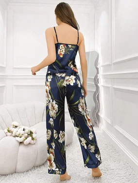 Pink Night Çiçekli Askılı Lacivert Bluz Pantolon Takım Pink Night 1409 - Alternatif Görünüm