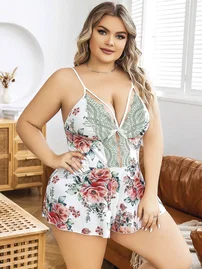 Pink Night Çiçekli Büyük Beden Midi Erotik Gecelik Pink Night 6606