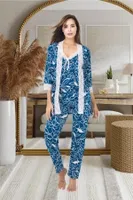 Çiçekli Dantelli 3lü Sabahlık Pijama Takımı İzabel SB-5001 Mavi