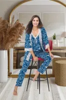 Çiçekli Dantelli 3lü Sabahlık Pijama Takımı İzabel SB-5001 Mavi detay görünüm
