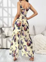 Çiçekli Desenli Sarı Askılı Bluz Pantolon Takım Pink Night 1451 Sarı detay görünüm