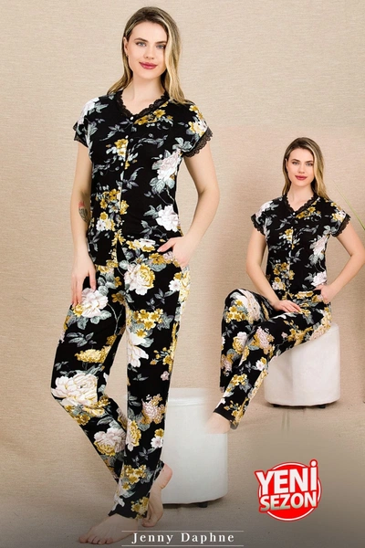 Çiçekli Düğmeli Yaka Kısa Kollu Pijama Takımı Lady 12498