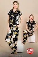 Çiçekli Düğmeli Yaka Kısa Kollu Pijama Takımı Lady 12498 Siyah