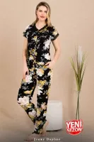 Çiçekli Düğmeli Yaka Kısa Kollu Pijama Takımı Lady 12498 Siyah farklı açı