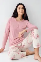 Çiçekli Yakası Düğmeli Cepli Uzun Kollu Kadın Pijama Takımı Pierre Cardin PC9055-S Pembe