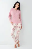 Çiçekli Yakası Düğmeli Cepli Uzun Kollu Kadın Pijama Takımı Pierre Cardin PC9055-S Pembe detay görünüm
