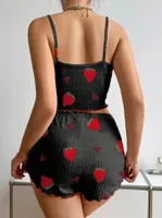 Çilek Baskılı Siyah Fitilli İnce Askılı Şort Pijama Takım Lily Bianca 13101 Siyah detay görünüm