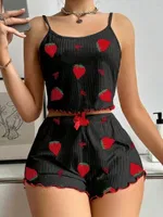 Çilek Baskılı Siyah Fitilli İnce Askılı Şort Pijama Takım Lily Bianca 13101 Siyah farklı açı