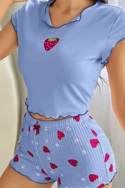Ruselin Çilek Desenli Mavi Şort Takım Ruselin 5005 - Alternatif Görünüm