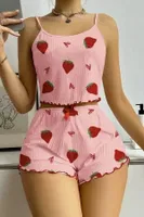 Çilek Desenli Şortlu Pijama Takım Ruselin 5056 Pembe detay görünüm