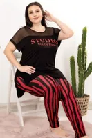 Çizgili Büyük Beden Dantelli Desenli Kısa Kollu Viskon Pijama Takımı Lady 10957 Siyah