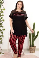 Çizgili Büyük Beden Dantelli Desenli Kısa Kollu Viskon Pijama Takımı Lady 10957 Siyah detay görünüm