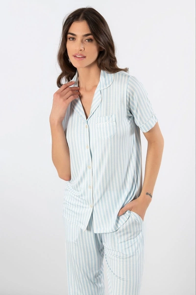 Çizgili Kısa Kollu Gömlek Yaka Pijama Takımı Türen 3355/Mavi