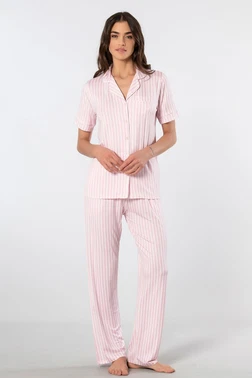 Türen Çizgili Kısa Kollu Gömlek Yaka Pijama Takımı Türen 3355/Pembe - Alternatif Görünüm