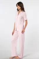 Çizgili Kısa Kollu Gömlek Yaka Pijama Takımı Türen 3355/Pembe Pembe farklı açı