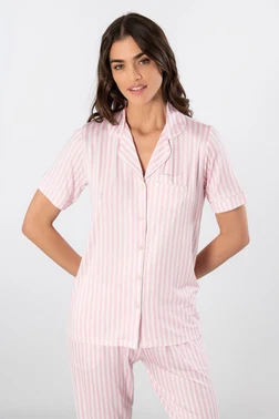 Türen Çizgili Kısa Kollu Gömlek Yaka Pijama Takımı Türen 3355/Pembe