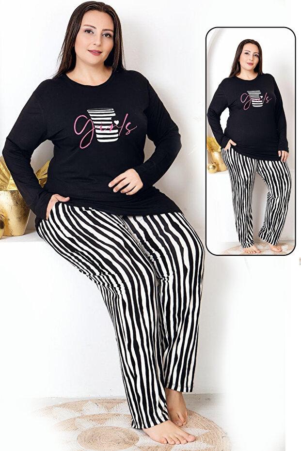 Çizgili Uzun Kollu Büyük Beden Cepli Pijama Takımı Lady 11398