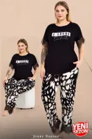 Dalmaçya Desenli Dantelli Bisiklet Yaka Kısa Kollu Büyük Beden Pijama Takımı Lady 10980  Siyah
