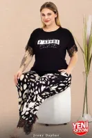 Dalmaçya Desenli Dantelli Bisiklet Yaka Kısa Kollu Büyük Beden Pijama Takımı Lady 10980  Siyah detay görünüm