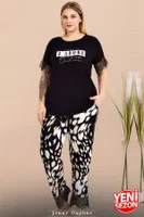 Dalmaçya Desenli Dantelli Bisiklet Yaka Kısa Kollu Büyük Beden Pijama Takımı Lady 10980  Siyah farklı açı