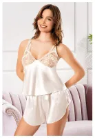 Dantel Askılı Yırtmaçlı Şort Saten Pijama Takımı Miss Laris 3107 Krem