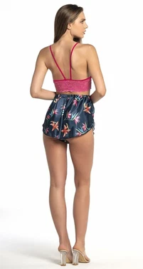 Nathalie Dantel Detaylı Çiçek Desenli Lacivert Bralet Saten Şortlu Takım Nathalie S-1002 - Alternatif Görünüm