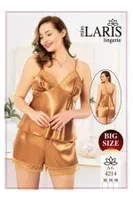 Dantel İşlemeli Büyük Beden Saten Şort Takım Miss Laris 4214 Altın