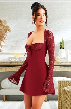 Pink Night Dantel Kol Detaylı Bordo Dekolteli Seksi Midi Elbise Pink Night 1309