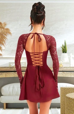 Pink Night Dantel Kol Detaylı Bordo Dekolteli Seksi Midi Elbise Pink Night 1309 - Alternatif Görünüm