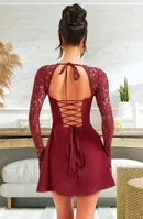 Dantel Kol Detaylı Bordo Dekolteli Seksi Midi Elbise Pink Night 1309 Bordo detay görünüm