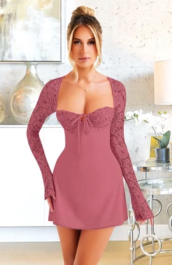 Pink Night Dantel Kol Detaylı Fuşya Dekolteli Seksi Midi Elbise Pink Night 1310