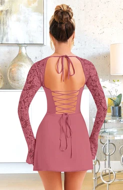 Pink Night Dantel Kol Detaylı Fuşya Dekolteli Seksi Midi Elbise Pink Night 1310 - Alternatif Görünüm