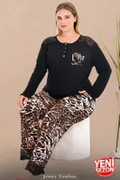 Dantel Paçalı Uzun Kollu Büyük Beden Leopar Düğmeli Pijama Takımı Lady 11399 Siyah detay görünüm
